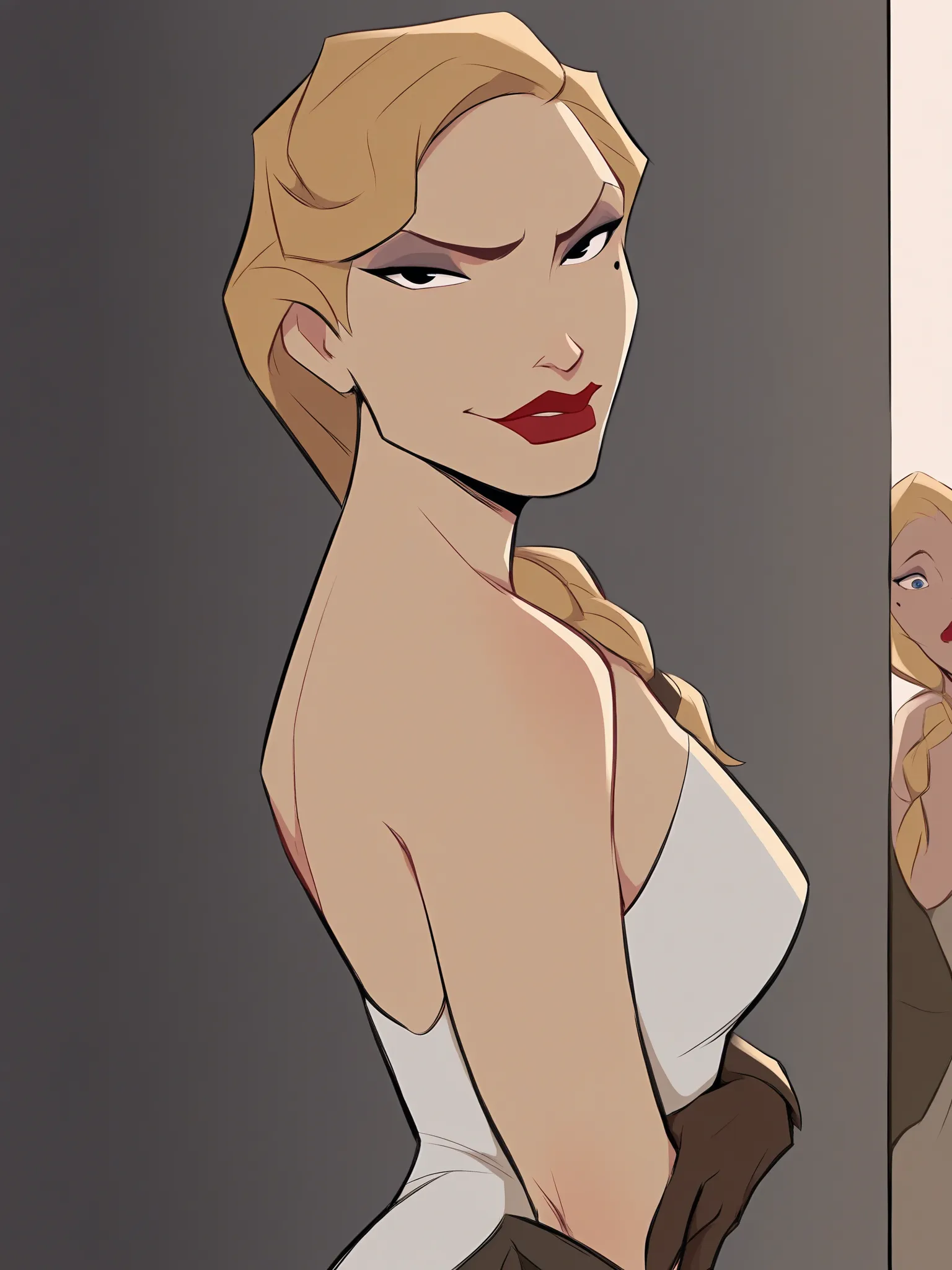 masterpiece, best quality,amazing quality, solo female, solo focus,
 <lora:Atlantis_The_Lost_Empire_Lieutenant_Helga_Katrina_Sinclair_Character:1>,helga_atlantis, blonde hair, lipstick, makeup, red lips, long hair, mole under eye, , single braid, bare shoulders, brown gloves, hair over shoulder, medium breasts, black eyes, eyeshadow, blue eyes, 1girl, standing, looking at viewer,