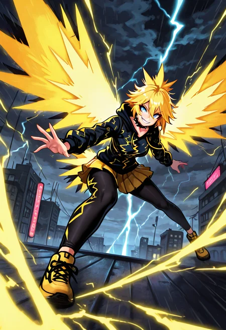 masterpiece, best quality, 1girl, solo,     zzZapdos, (detailed face, dynamic pose, foreshortening, face focus),  lightning-pattern hoodie, layered pleated skirt, black leggings, yellow sneakers, spiked choker, rainy street, neon signs, leaping motion, glowing wings, rebellious grin â In the heart of the cityâs stormy night, she leaps from one rooftop to the next, her lightning-pattern hoodie flaring behind her like a streak of fire. A layered pleated skirt flutters beneath it, the black leggings beneath etched with faint circuit designs. Her yellow sneakers flash in sync with the strobes of neon signs below, and a spiked choker clinks with each motion. Her electric wings flicker to life mid-jump, casting an otherworldly glow behind her, as a wild, rebellious grin spreads across her rain-speckled face.  ,,<lora:ZapdosPokedex_IXL_v1:0.8>,
