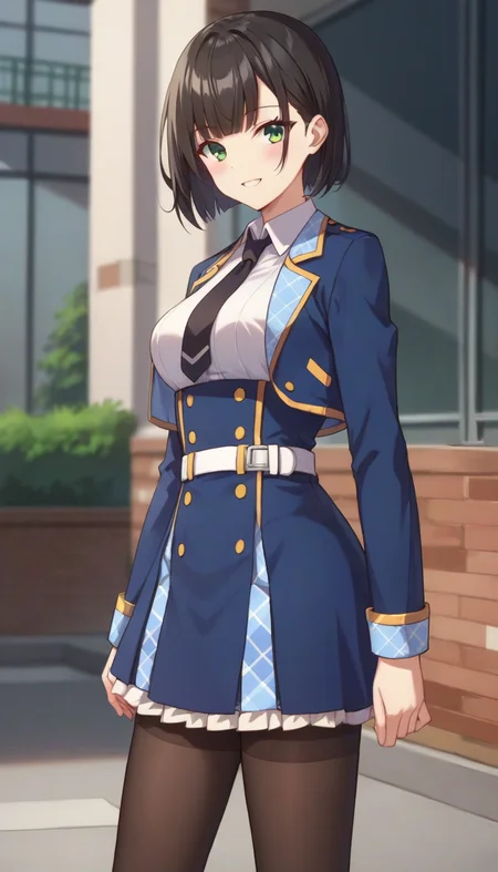 score_9,score_8_up,score_7_up,score_6_up BREAK official art,1girl,solo,outdoors,upper body,(portrait:1.5),looking at viewer,facing viewer,smile,blush,Fenris Squadmate,short hair,black hair,bob cut,blunt bangs,green eyes,blue jacket,cropped jacket,open jacket,wing collar,black necktie,white shirt,collared shirt,dress shirt,long sleeves,medium breasts,double-breasted,white belt,blue skirt,high-waist skirt,pleated skirt,frilled skirt,brown pantyhose,loafers,black footwear,<lora:Fenris Squadmate(sgmt)-Pony:1.2>,