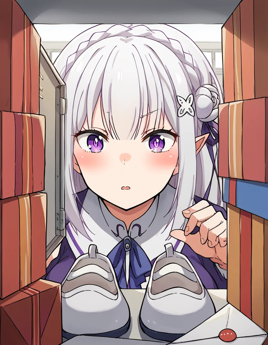 score_9, score_8_up, score_7_up, source_anime, <lora:rezero-emilia-s1s2-ponyxl-lora-nochekaiser:1>, emilia, braid, crown braid, flower, hair flower, hair ornament, hair ribbon, long hair, pointy ears, purple eyes, white hair, x hair ornament, medium breasts,, <lora:shoe-locker-pov-ponyxl-lora-nochekaiser:1> shoe locker pov, locker, letter, school, gift box, unworn shoes, blush,, ,