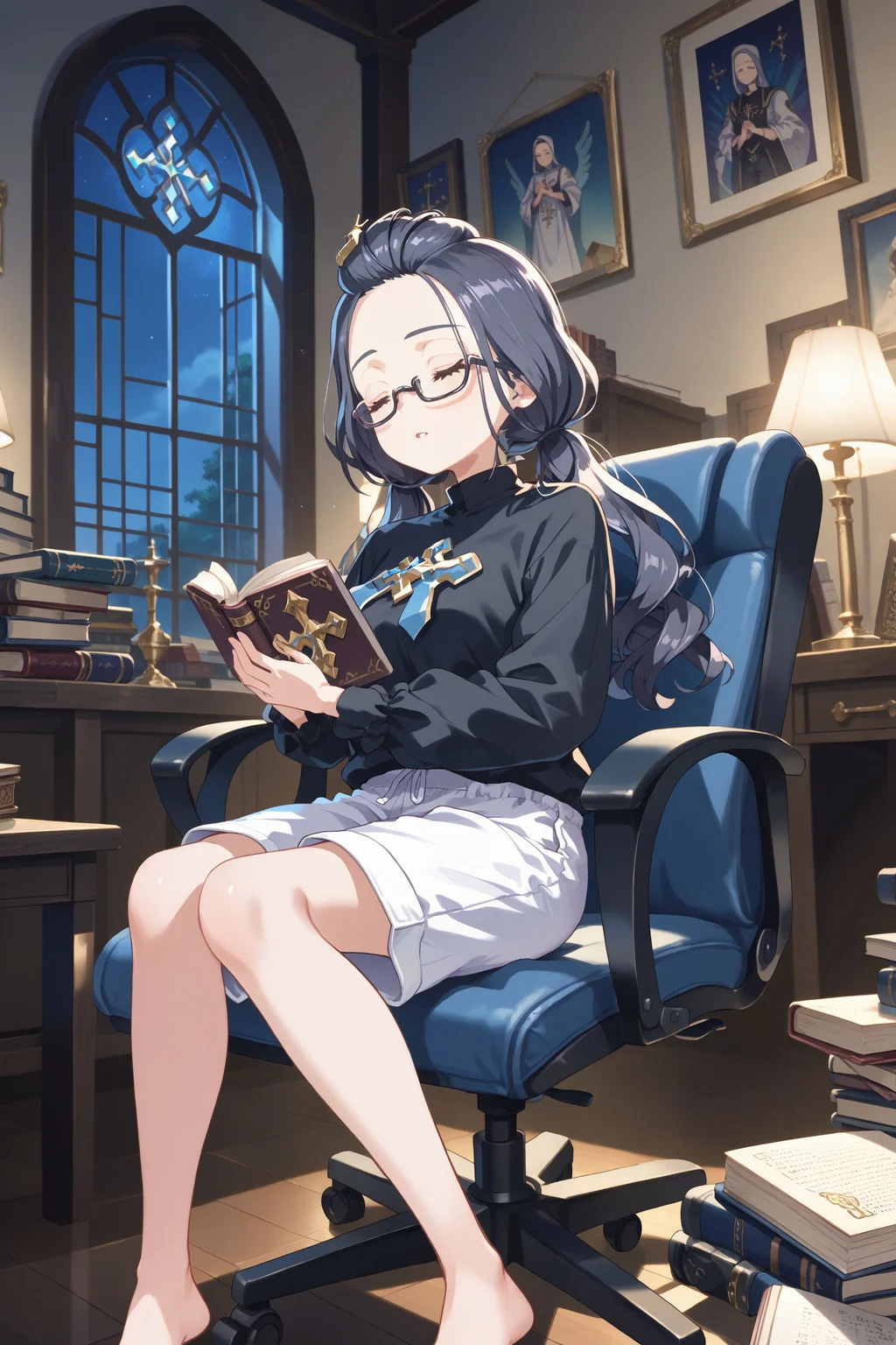 score_max, (score_9, score_8_up, score_7_up:1.2), score_6_up, official art, anime screencap,
, masterpiece, absurdres, high detail, 8k,
night, living room, swivel chair, upper body,
sitting, leaning back, sleeping, own hands clasped, holding book, bible \(object\), parted lips,
marian, forehead, low twintails, glasses, black shirt, white shorts, barefoot,
<lora:XL_Pony_MGCM-marianne-t1:1>