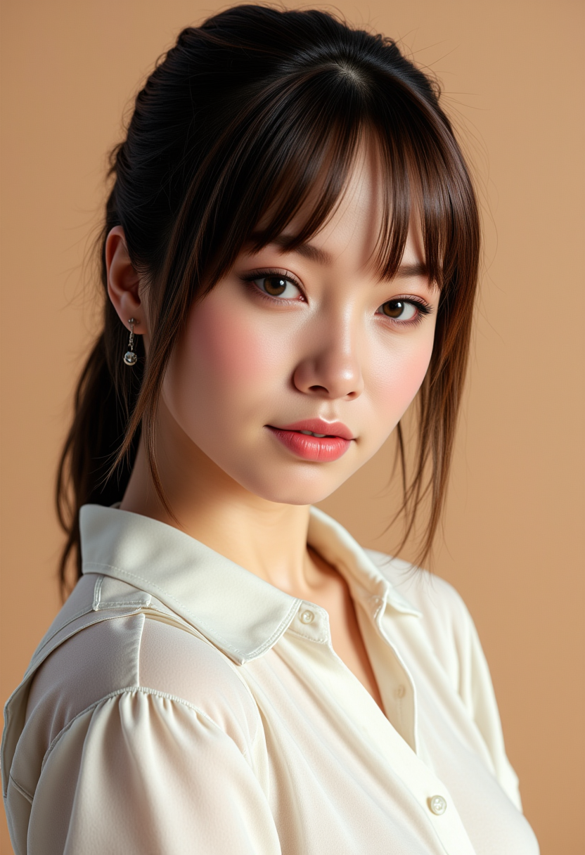 She is approximately 18 years old. Hyperrealism, she is looking at the camera, (dynamic angles), profile headshots of a beautiful, stunning unique female character. she has dark hair. her eyes are filled with joy and excitement, extravagant eyelashes, a photo of Kitti3, a woman wearing a white frilly shirt. The woman is posing confidently. simple beige background. She has a slight smile on her face and is looking directly at the camera. making this image a masterpiece of photography and digital art. realistic. making this image a masterpiece of photography and digital art. Style: realistic hyper-detailed rendering, 32k UHD, expressive eyes, punk, graphic design, girl's face, pretty and cute, gleaming lips, telling a tale of adventure. Exuding confidence and serenity. The overall mood of the image is happy and relaxed,detailed skin texture,(blush:0.2),(goosebumps:0.3),subsurface scattering,whimsical,Detailed hand, Perfect hand. Perfection style.