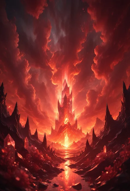 (8k landscape photography:1.2) an massive shiny crystal glass tower in an ethereal hell landscape surrounded by glowing flower crystals, a red sky,cloudy sky