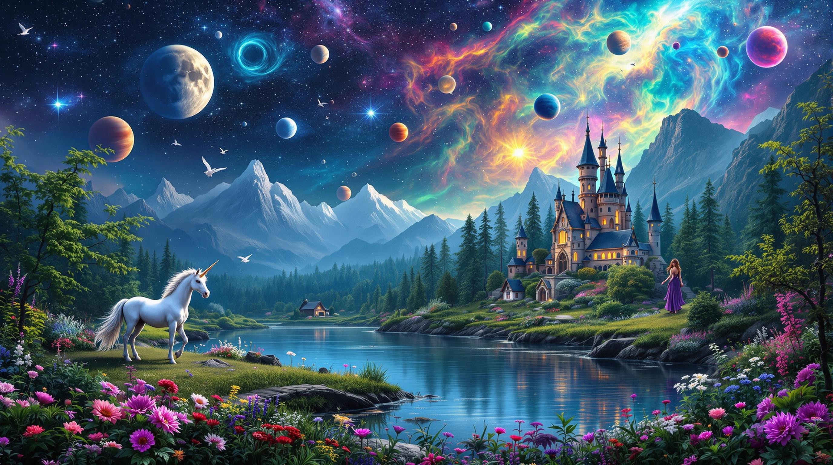 colourful planets and moon and stars and space in the background, a tome, zoomed out, full veiw, hyperealistic, fantasy castlle sitting in a magical jungle in the background, a lake in the background, dinstant galaxies, flowers blowing in the wind, misty mountains in the background, auroa borealis, birds flying in the sky, a unicorn in the distance, small village in the foreground, nighttime, night, dark lighting, gloom, mist of the water, elven woman in a purple dress, far away in the forest, night time, auroa borealis, northern lights,