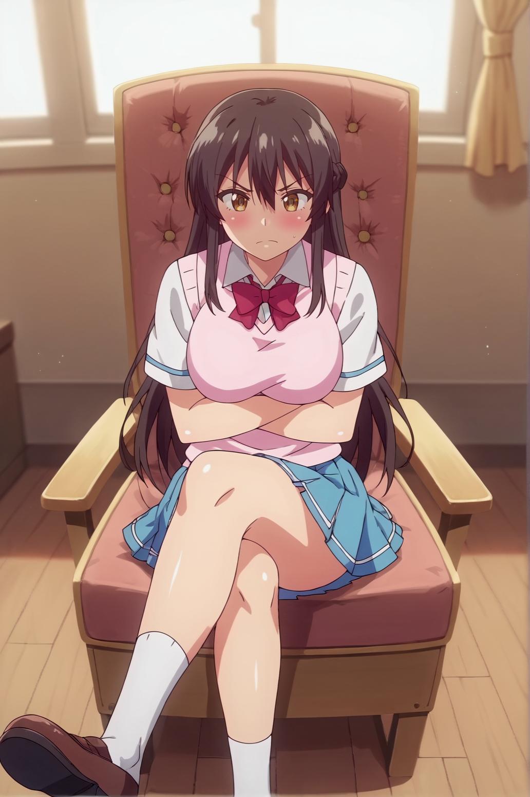 score_9, score_8_up, score_7_up,anime_source, source_anime, best background, detailed background, anime screencap,  Shibasaki Yuri, Student Uniform, indoors, blush, dynamic angle, dynamic pose, tsundere, crossed legs, crossed arms, sitting, throne, <lora:JN_Shibasaki_Yuri:0.8>