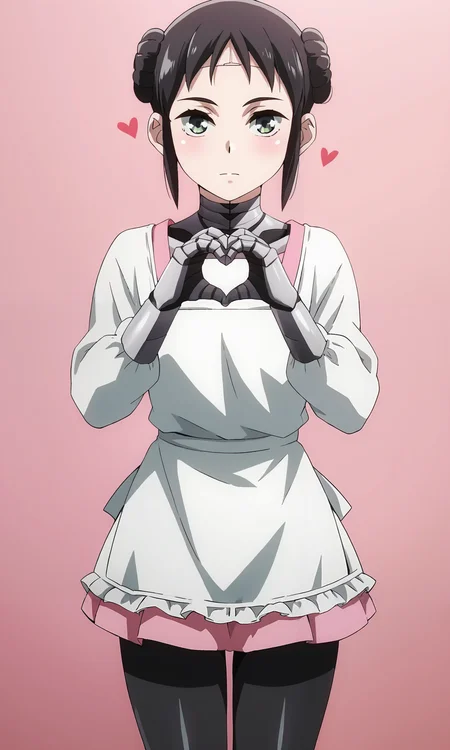 score_9, score_8_up, score_7_up, source_anime, zPDXL2, 1girl, hara \(harayutaka\) BREAK
 <lora:mina:1> mina_wz, green eyes, eyelashes, black hair, double bun, hair bun, short hair, sidelocks, closed mouth, expressionless, android, pink dress, apron, white kappougi, black pantyhose, robot, mechanical parts, mechanical arms, long sleeves BREAK
expressionless, hearts hands, simple background, pink background, polka dot background, hearts, looking at viewer