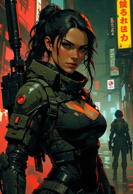 magnificent, closeup portrait, female bounty hunter, braided black hair, futuristic armor, sexy, curvy, large breasts, large ass, a rifle strapped to her back, holstered pistol, Cyberpunk City, Neon Lights, cracking knuckles, 
Cowboy Shot, close up, from above,