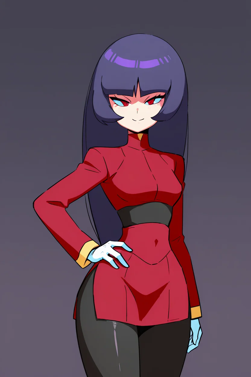 masterpiece, best quality, 1girl, solo, 21 year old model, eyelashes, (beautiful eyes), zzSabrina, red eyes, long hair, blunt bangs, sabrina (pokemon), purple hair, pantyhose, black hair, long sleeves, red skirt, white gloves, black bodysuit, <lora:SabrinaPokemonIXL:1.0>, cowboy shot, hand on hip, smug, smile, looking at viewer, shiny skin,<lora:DiivesIXL:1.0>,