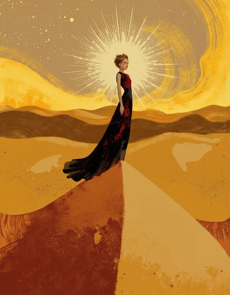By Anna & Elena Balbusso. A digital illustration shoot from a front camera angle about a girl standing on top of a large, swirling desert landscape with a starburst effect in the background. the image also shows a vibrant, dynamic composition. on the middle of the image, a woman with short, spiky brown hair and a confident expression stands confidently on a vast, golden sand dune. she is wearing a long, flowing black dress with red accents, and her body is positioned in a way that showcases her full body. the woman appears to be looking directly at the viewer, with her eyes directed at the center of the frame. her hair is styled in a spiky manner, and she has a small, brown eye color. the background is a mix of yellow and orange hues, with a golden hues that create a sense of warmth and vibrancy, and the image is filled with a magical, ethereal quality. the overall effect is one of awe and wonder, with the woman's presence commanding attention and the vastness of the desert landscape.