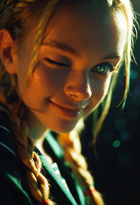 cinematic film still shot of 1woman, perfect body, braids hair with bangs , blonde, (school uniform:1.1), delicate smile, one eye closed, close shot, dark background, bokeh, vibrant, dim light, dutch angle,,, .score_9, score_8_up, score_7_up,score_6_up, rating_safe