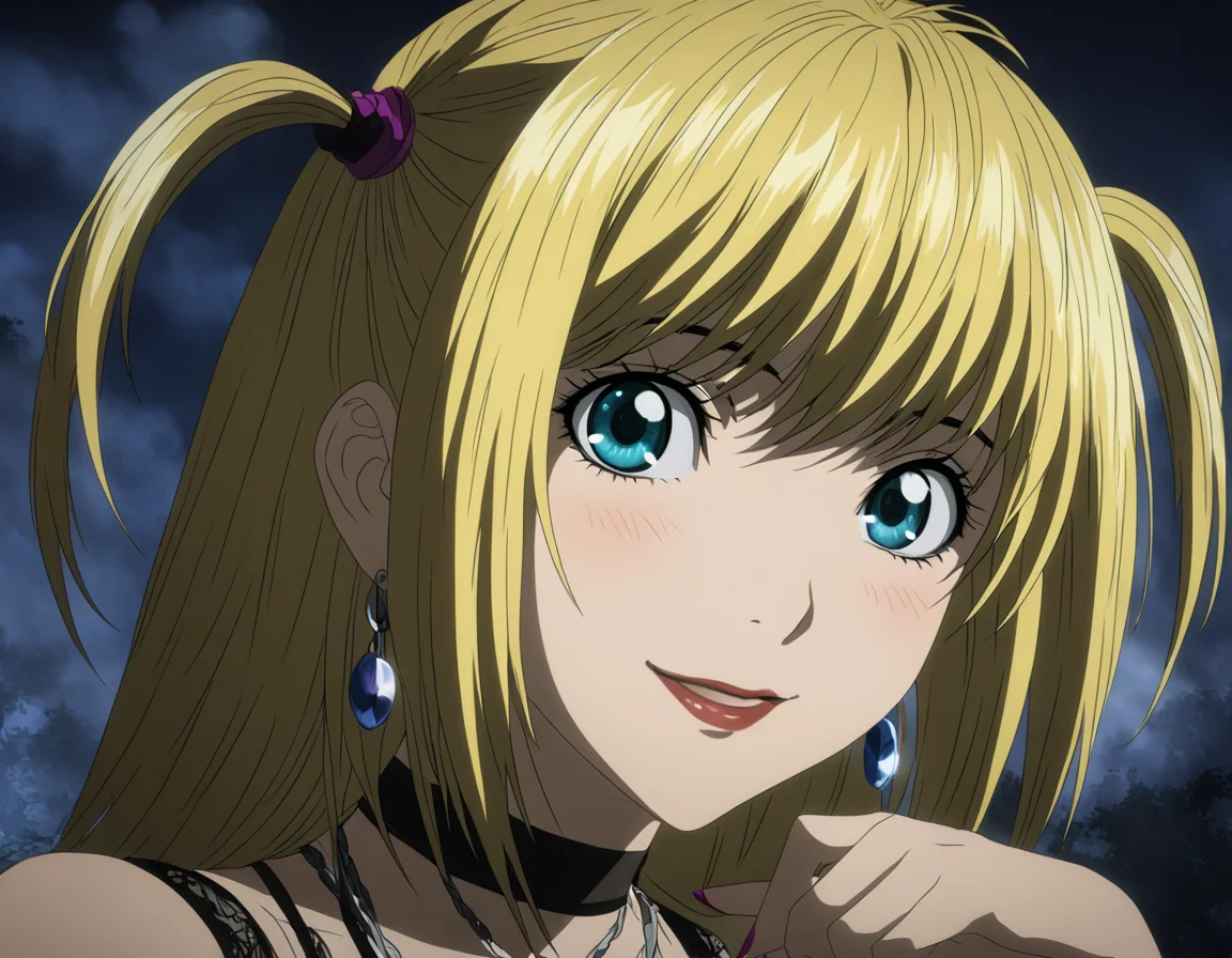 1girl, portrait of Misa Amane, (Misa Amane:1.6), death note, Modern Anime, adult female, From Death Note anime, best quality, 8K, DSLR quality, Bloom Lighting, Good Face, Beautiful Face, Slim, highly detailed, glow, extreme details, fog, smoke, blond hair, happy, smile, perfect eyes, <lora:perfect-eyes:1>, perfecteyes, eyes reflection, detailed eyes, upper body, hdr quality, full of color, smoke, cinematic, night, moon light, 2010s, windy, hair swaying in wind, purple nail polish, nigh time, blue eyes, grainy, chromatic aberration, dark blue atmosphere, black night, adult woman, Depth of field effect, uwu, cute, blush, perfecteyes, eyes reflection, detailed eyes, upper body, shy smile, hdr quality, hands doing cute pose, full of color, smoke, cinematic, <lora:misa_amane-step00000862:1>