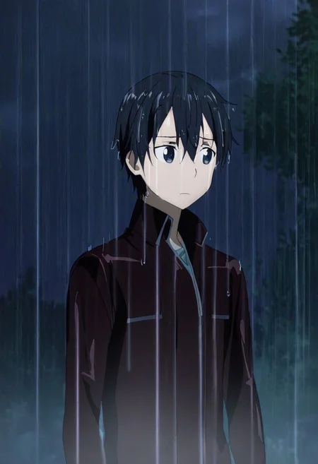 high resolution, solo, best quality, 1Boy, Kazuto Kirigaya, Black Hair, Black Eyes, heavy rain, night, looking down, sad, leather jacket, looking away, wet, wet hair, OverallDetail