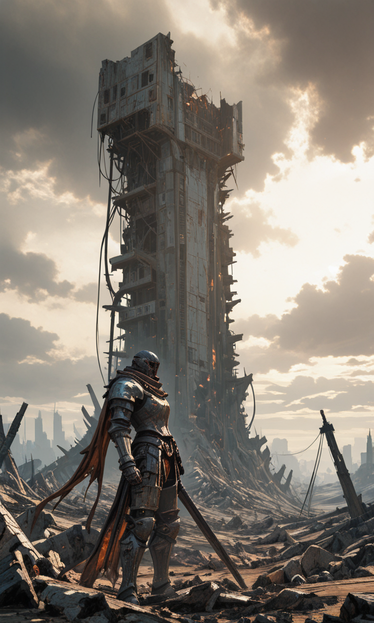 dramatic, high-angle CGI image of a lone, armored warrior in a desolate, post-apocalyptic landscape with towering, broken structures and a sunlit, cloudy sky., <lora:- iLL - assorted_batch1_V1.0-step00005000:.8>, <lora:Illustrious:0.5>  <lora:- iLL - the_edgy_mech_V2.0-step000013500:0.4>