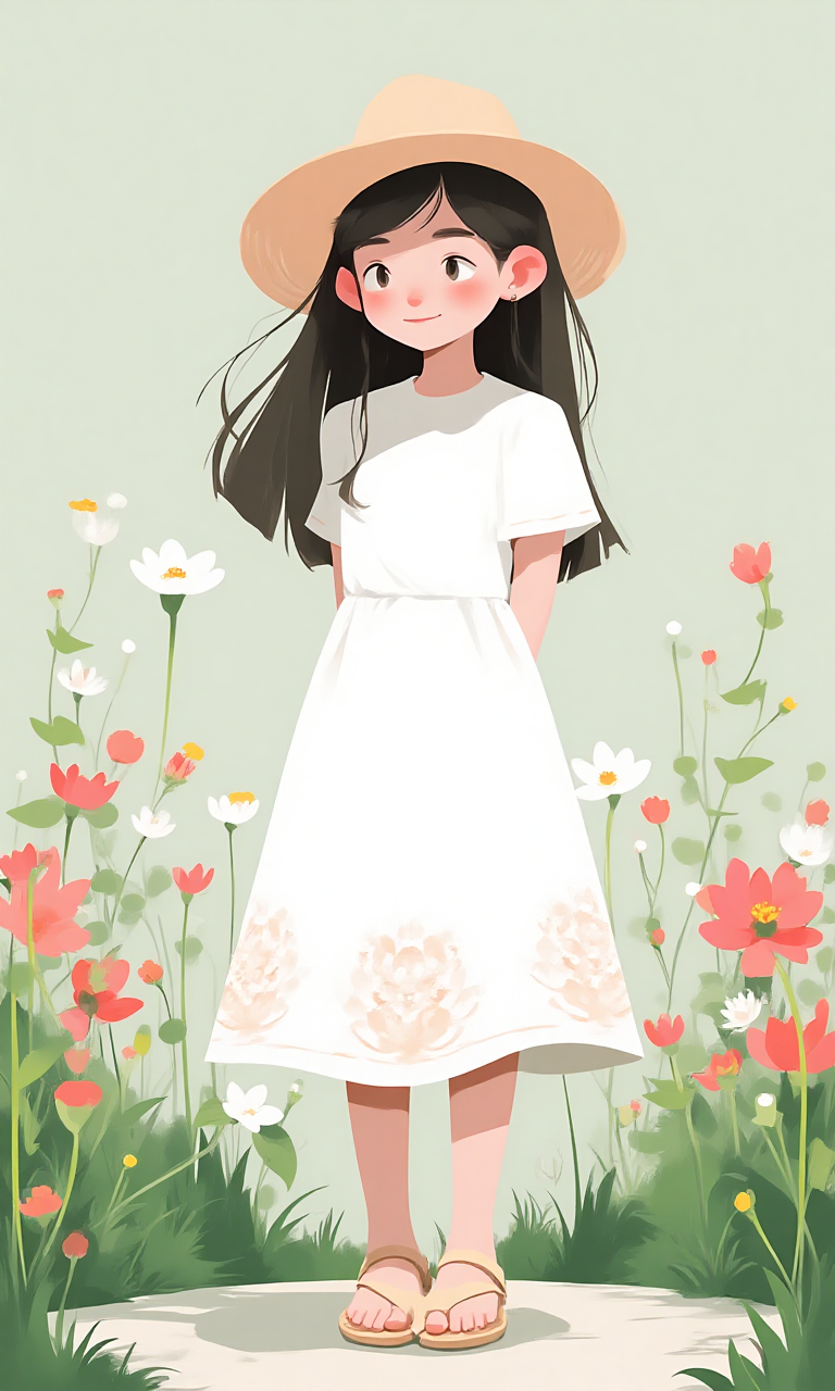 A girl in a light white dress smiles among the flowers, her skirt embellished with light floral embroidery, a wide-brimmed straw hat and nude sandals for a fresh overall style.