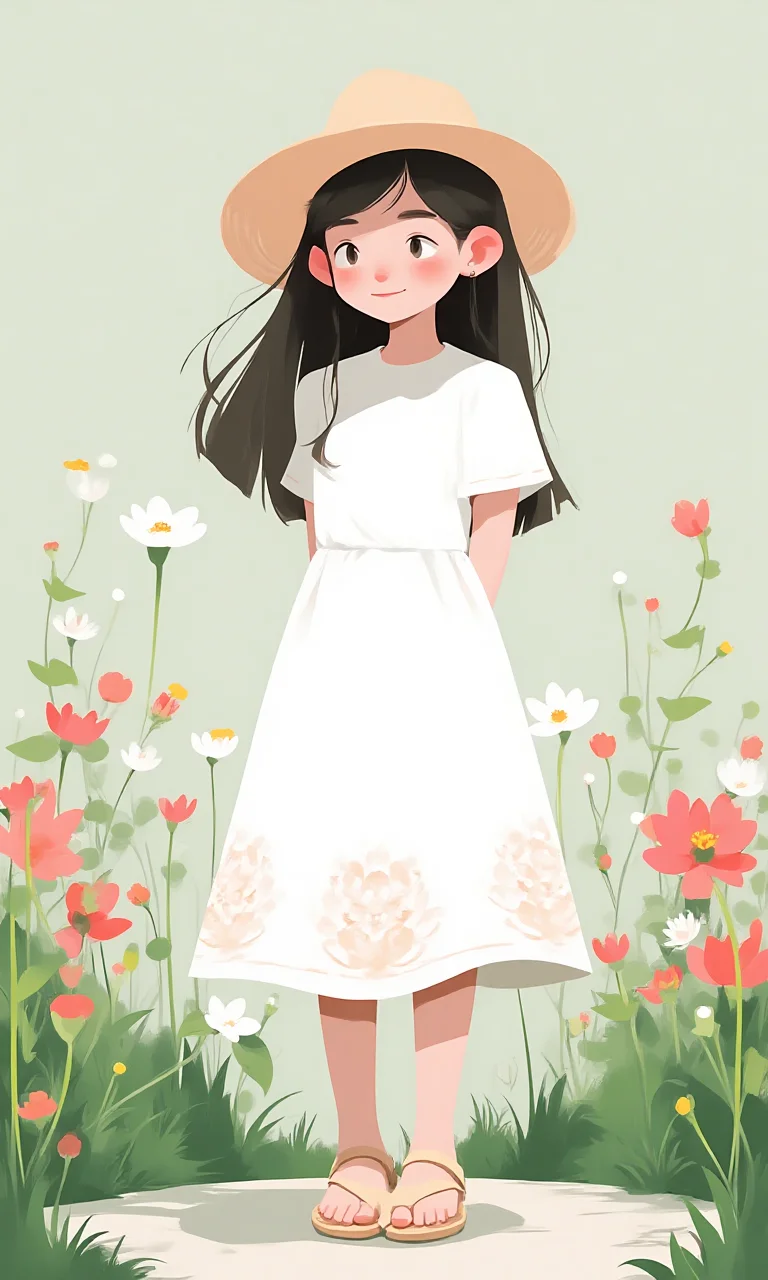 A girl in a light white dress smiles among the flowers, her skirt embellished with light floral embroidery, a wide-brimmed straw hat and nude sandals for a fresh overall style.