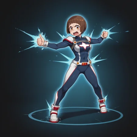 (PonyScores) Score_PnyReal, semirealistic kodak moment, full body, 1girl, mankanshoku_mako, hero outfit, glowing aura, rage, vigorous thumbs up, dynamic pose, speed lines, perfect hands hand, <lora:Mako:1> <lora:Perfect Hands:1>