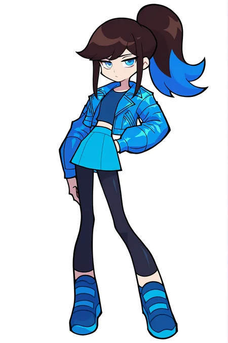 1girl, solo, dark brown hair, dark hair, dyed blue hair tips, brown ponytail, blue eyes, blue sweater, cropped leather jacket, leggings, blue trainers, wearing cartoony clothing, white background
masterpiece, best quality, newest, absurdres, highres, sensitive, <lora:YugiHose:1>