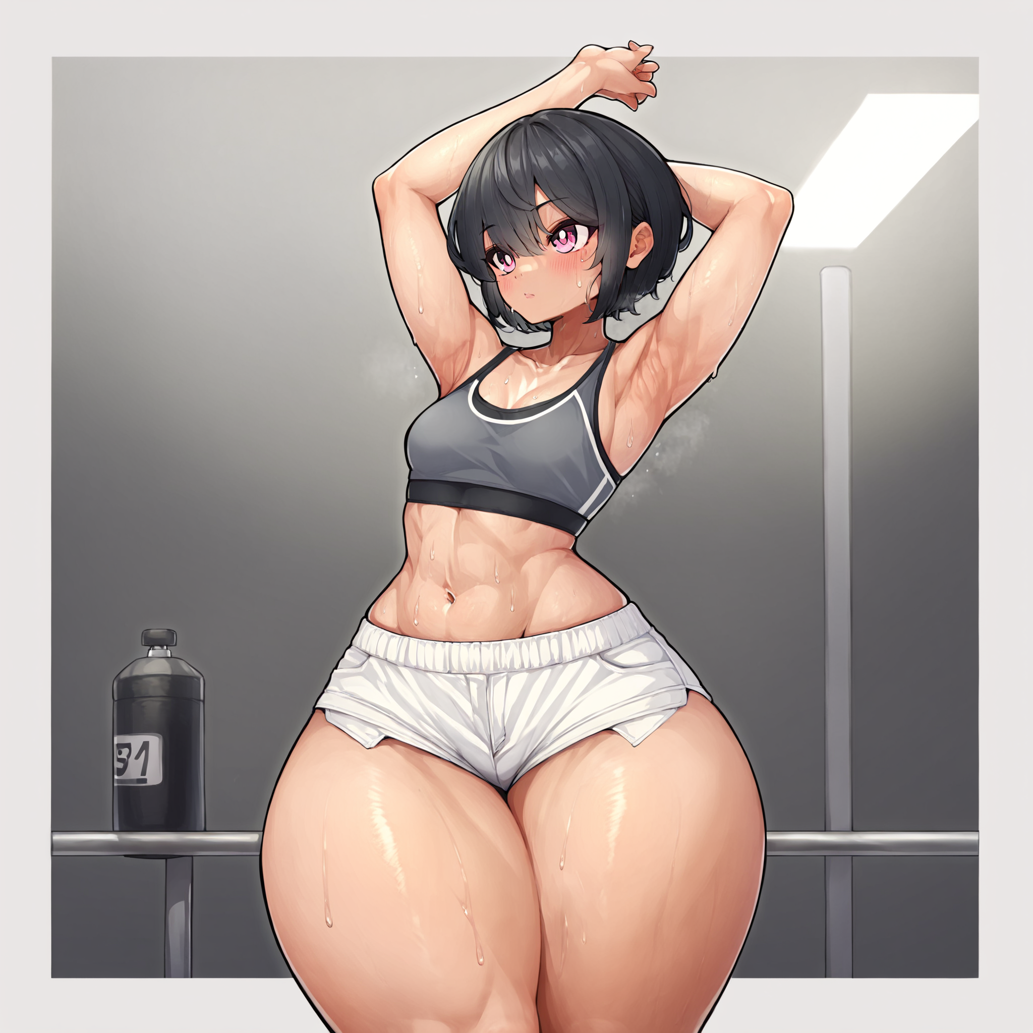 (masterpiece), best quality, (highly detailed), score_9, score_8_up, score_7_up, score_6_up, score_5_up, 1female, <lora:490_style:0.8>, gym, sweating, thick thighs, wide hips, huge thighs, small breasts, sport bra, short shorts, black hair, short hair, pink eyes, stretching,