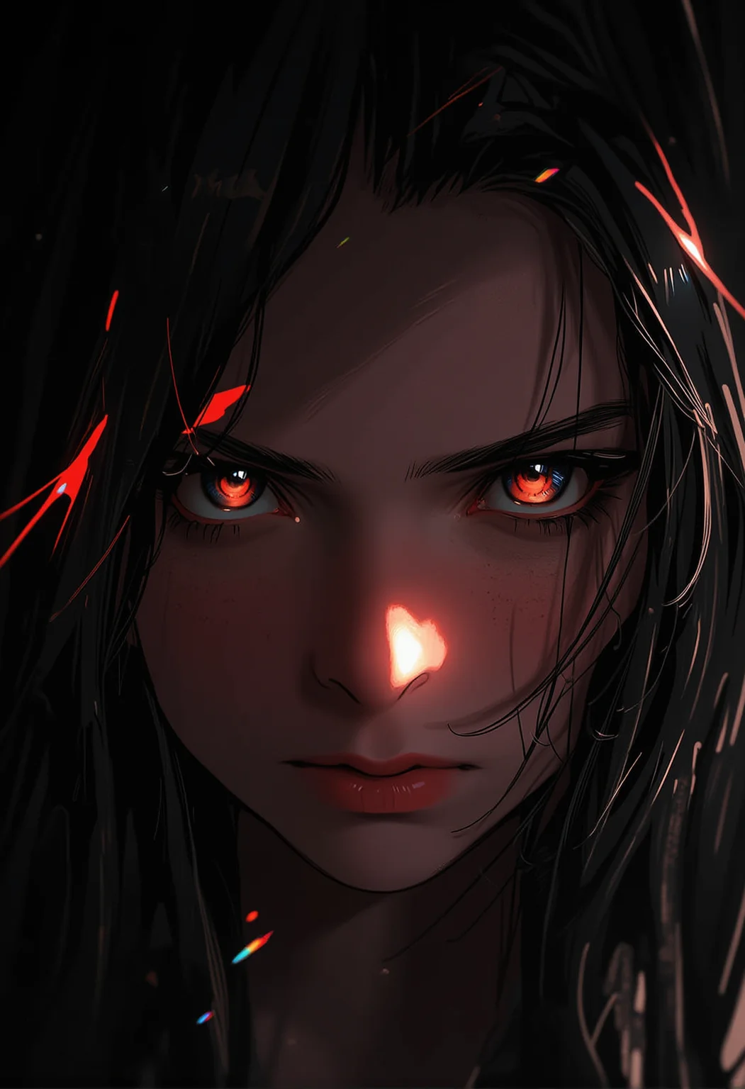 bv-anibrush. A half-body shot of a stunning beautiful young woman in semi-realistic style. The scene is dark., <lora:bv-anibrush-v1-flux.safetensors:1.0:1.0>