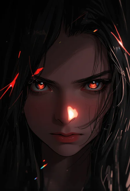 bv-anibrush. A half-body shot of a stunning beautiful young woman in semi-realistic style. The scene is dark., <lora:bv-anibrush-v1-flux.safetensors:1.0:1.0>
