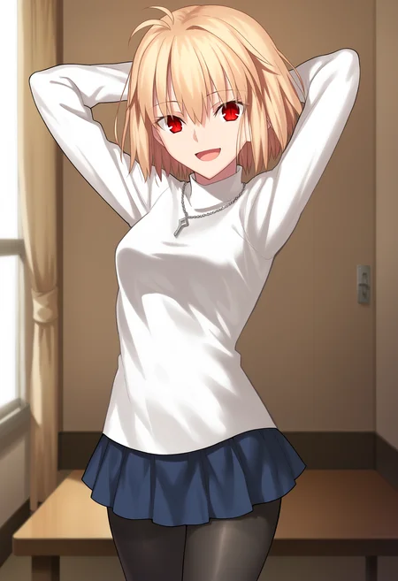 arcdefault, 1girl, solo, turtleneck sweater, necklace, skirt, pantyhose, red eyes, indoors, arms behind head, standing, open mouth, smile, looking at viewer, cowboy shot