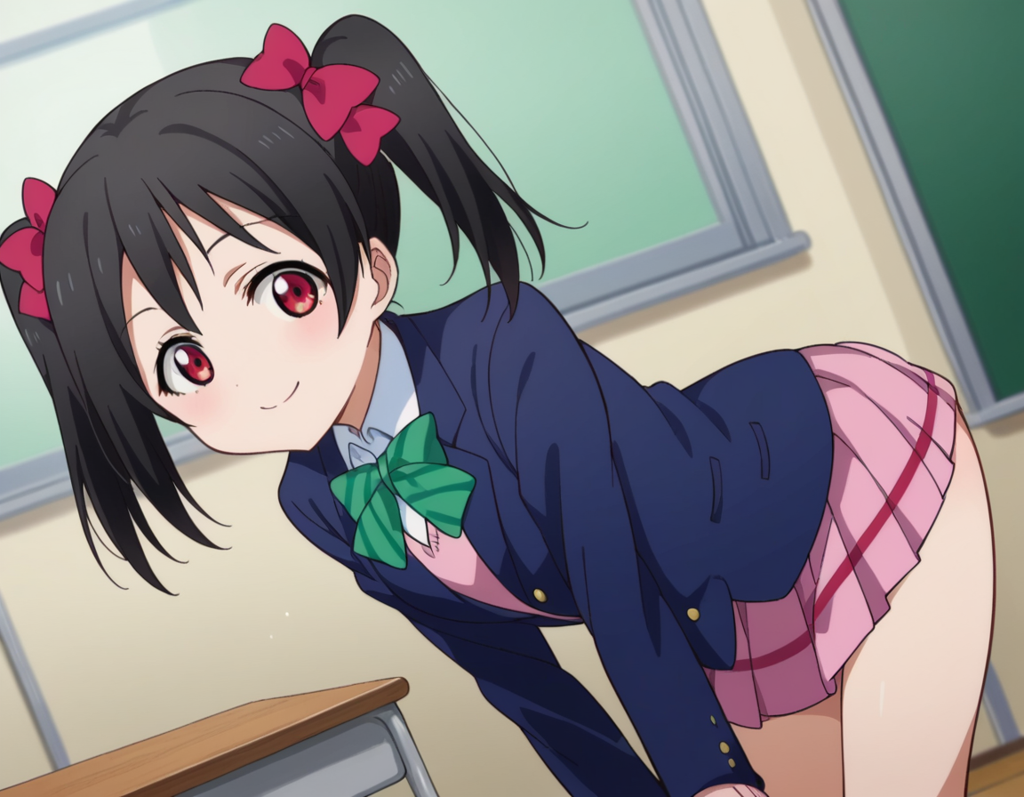 score_9, score_8_up, score_7_up, source_anime,
nikoyazawa, <lora:nico-yazawa-s1-ponyxl-lora-nochekaiser:1>,
niko yazawa, black hair, red eyes, bow, twintails, hair bow,
skirt, school uniform, jacket, blazer, winter uniform, otonokizaka school uniform,
indoors, classroom, smile, bent over,
looking at viewer, cowboy shot, dutch angle,