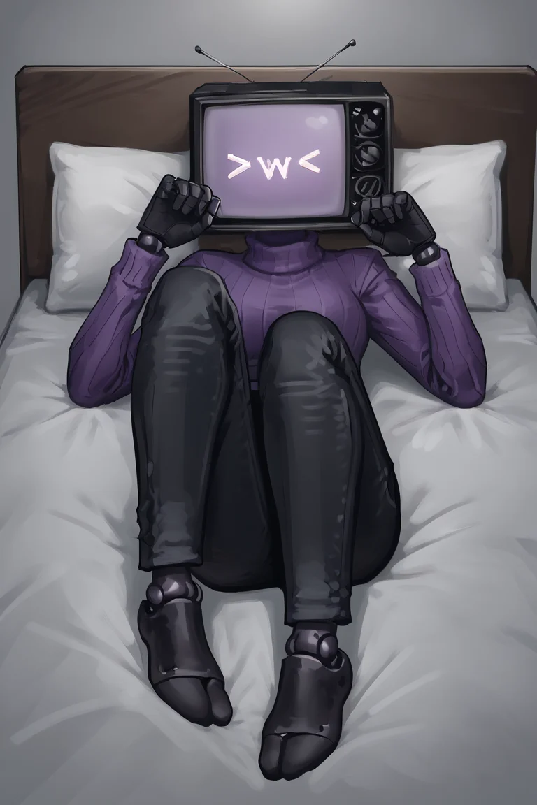 score_9, anime, detailed, solo, bed background, tvwoman, robot girl, tv head, purple turtleneck, ((black pants)), black gloves, laying pose, front view<lora:EMS-405512-EMS:0.800000>, <lora:EMS-290656-EMS:0.800000>