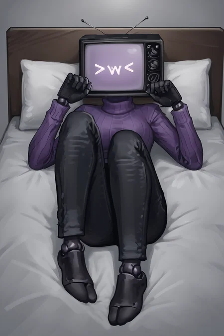 score_9, anime, detailed, solo, bed background, tvwoman, robot girl, tv head, purple turtleneck, ((black pants)), black gloves, laying pose, front view<lora:EMS-405512-EMS:0.800000>, <lora:EMS-290656-EMS:0.800000>