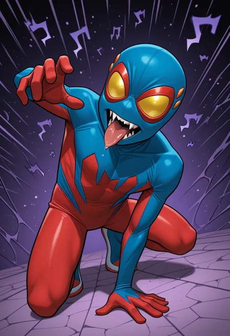 1boy, male focus, cute boy, BaileyBriggs, Mask, Yellow Eyes, Spiderboy Costume, Two-tone Bodysuit, Red Bodysuit, Blue Bodysuit, fangs, tongue, saliva, menacing, cinematic, intricately detailed illustration, depth of field, masterpiece, best quality, amazing quality, very aesthetic, absurdres, newest, very awa, shadow, dynamic angle, casual cosplay, dynamic pose,  action pose,