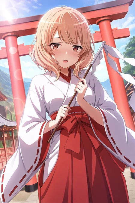 masterpiece, best quality, amazing quality,
<lora:Yuyuko_IL:1> yuyuko, miko, japanese clothes, 1girl, gohei, brown eyes, outdoors, solo, open mouth, hakama, blonde hair, day, hakama skirt, skirt, blush, lens flare, sky, looking at viewer, wide sleeves, red hakama, holding, torii