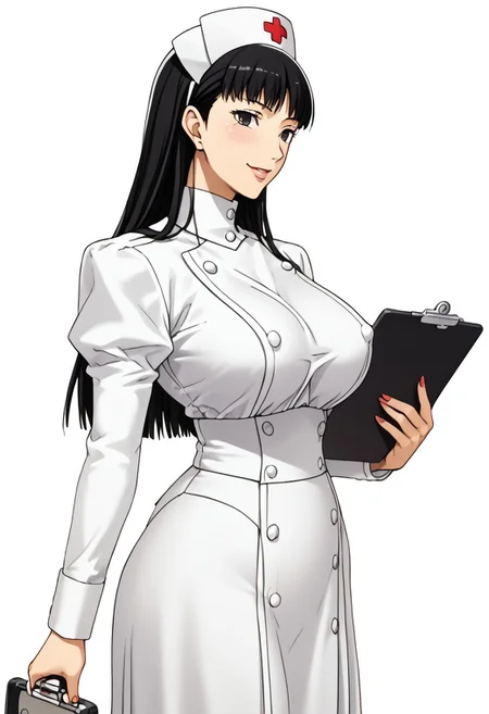 score_9,score_8_up,score_7_up,source_anime,5_figner,2d_animation,game cg,BREKE,
yukiko amagi, long hair, black hair,black eyes,1girl,solo,from side,
nurse,buttons,nursecap,long sleeves,knee boots,pleated skirt,
gigantic breasts,thick hips,thick thighs,thick waist,disproportionate breasts,huge areolae,
covered erectile nipples,covered the breast,curves,glamour,blush,smile,cowboy
shot,hold on clipboard,
simple background,white background,
masterpiece,best qualit,ultra-detailed,illustration,an extremely delicate and beautiful,beautiful detailed eyes,unity 8k wallpaper,high resolution,anime CG,official_art,