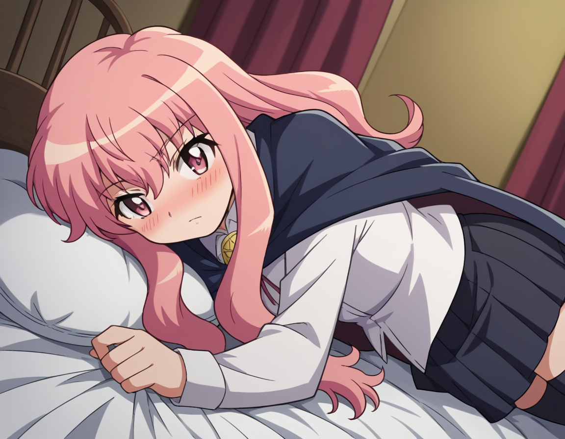 score_9, score_8_up, score_7_up, source_anime,
louisefrancoiseleblancdelavalliere, <lora:louise-francoise-le-blanc-de-la-valliere-s3-ponyxl-lora-nochekaiser:1>,
louise francoise le blanc de la valliere, long hair, pink hair, pink eyes, sidelocks,
skirt, thighhighs, cape, zettai ryouiki, long sleeves, shirt, white shirt, collared shirt, black skirt, pleated skirt,
indoors, bed, bed room, on side, blush, drunk,
looking at viewer, cowboy shot, solo, dutch angle