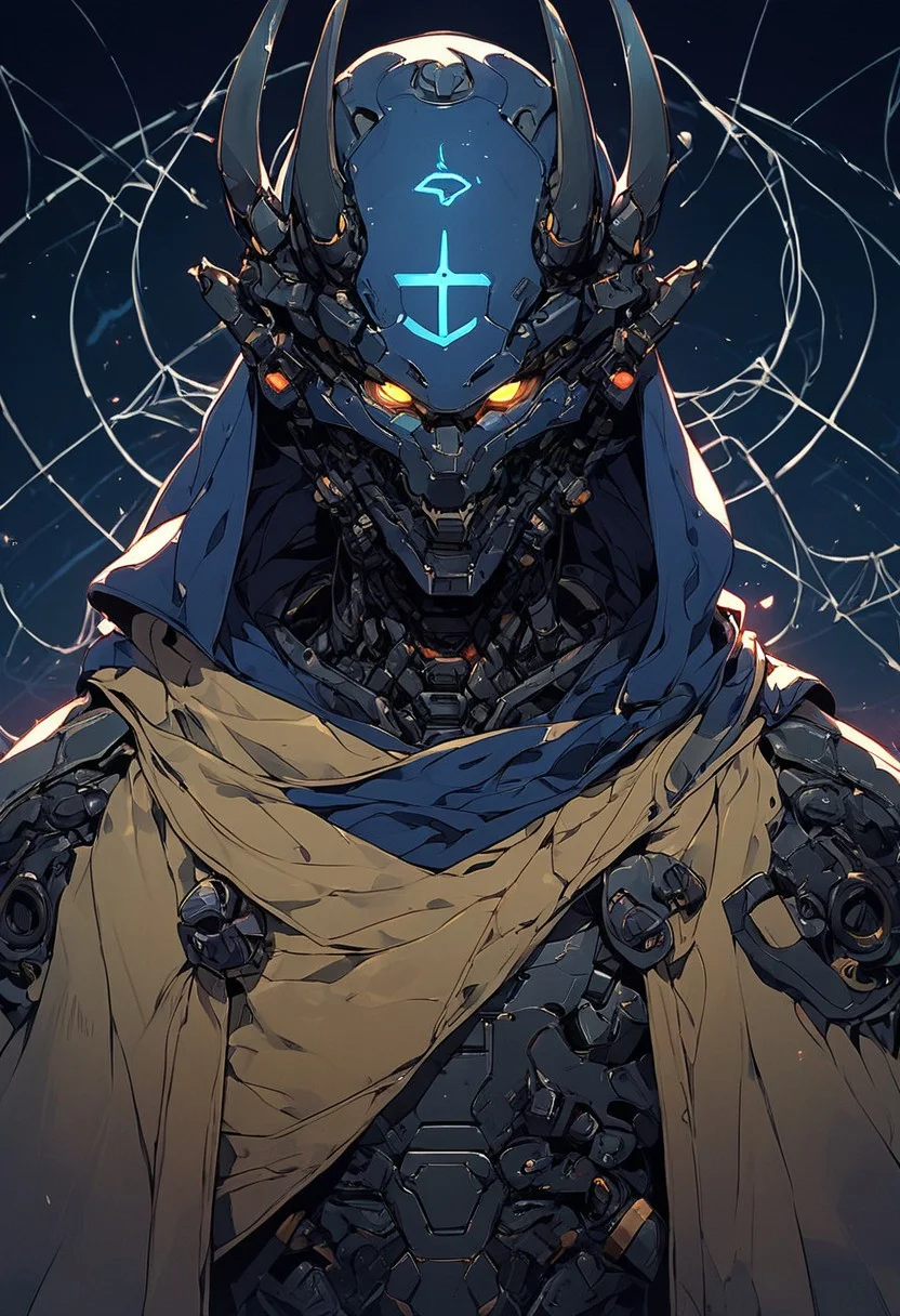 score_9,score_8_up,score_7_up, solo, 1man, upper body, midnight blue armor, simple neon background, no humans, glowing, glowing yellow eyes, spider eyes, helmet, devil horns, robot, insectoid, mecha, oni-demon, golden cloak, heavy weaponized, samurai, katana blade, science fiction, cyborg, mechanical parts, humanoid robot, bulky, science fiction, sinozick style, flat color, dark theme, cowboy shot, Expressiveh