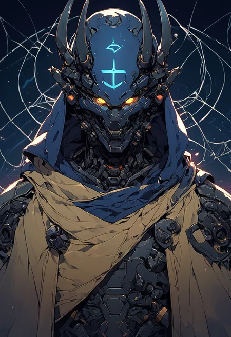 score_9,score_8_up,score_7_up, solo, 1man, upper body, midnight blue armor, simple neon background, no humans, glowing, glowing yellow eyes, spider eyes, helmet, devil horns, robot, insectoid, mecha, oni-demon, golden cloak, heavy weaponized, samurai, katana blade, science fiction, cyborg, mechanical parts, humanoid robot, bulky, science fiction, sinozick style, flat color, dark theme, cowboy shot, Expressiveh
