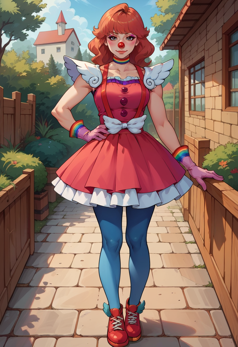 absurdres,high quality,score_9, score_8_up, score_7_up, score_6_up, score_5_up, score_4_up, BREAK source_anime, <lora:edgClussyPonyv1:1> wearing edgClussy, red clown nose  skirt around ankles