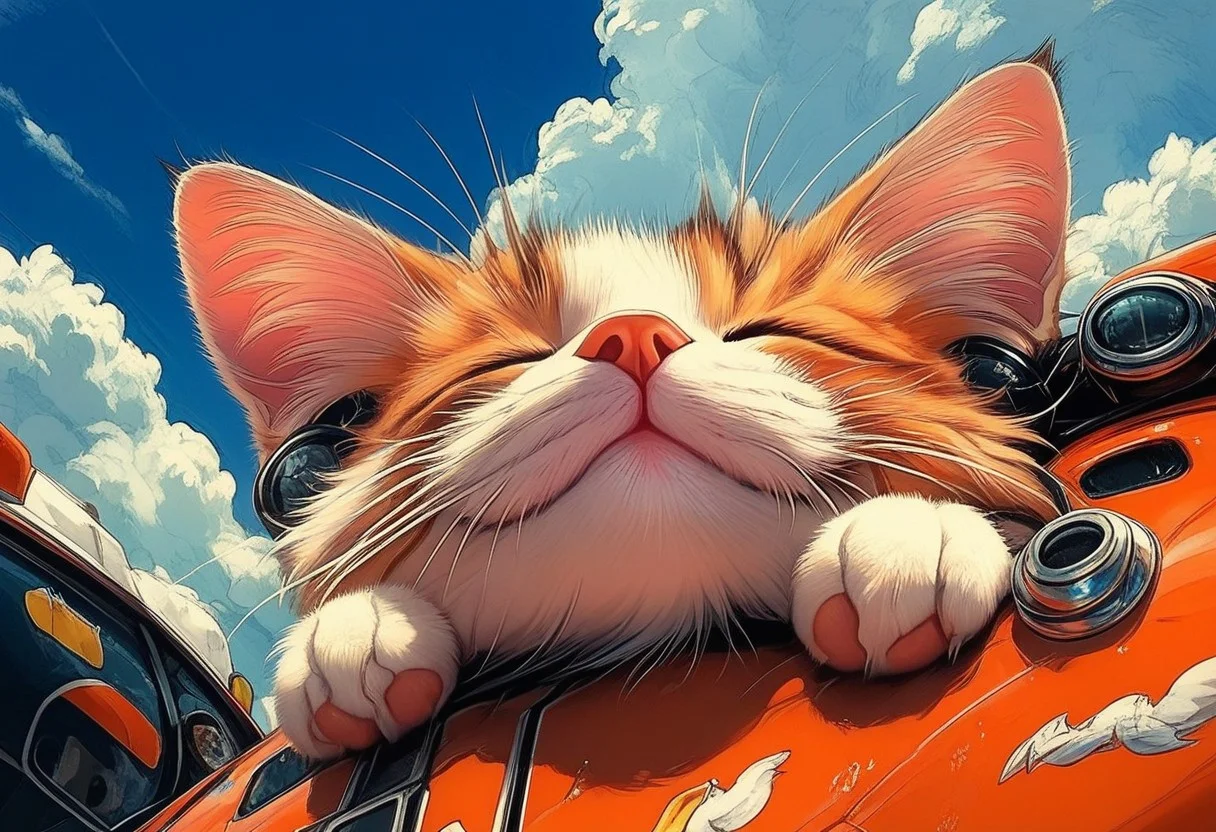 score_9, score_8_up, score_7_up, cool_lines, sky, no humans, cat, cloud, outdoors, day, blue sky, whiskers, animal, closed eyes, ground vehicle, motor vehicle