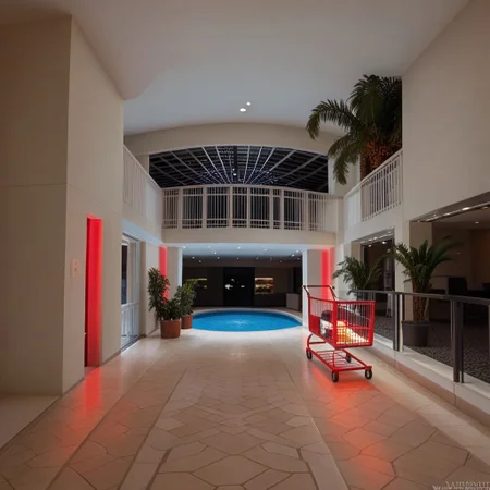 web address, bed, a spiral staircase in a pool with a tiled floor, a bird is perched on a door in a room, lights, a large atrium with a glass railing and a red light, a road with a tunnel in the middle of it, real world location, a large building with a bunch of stairs, a shopping cart is sitting outside of a house, a palm tree in a building with a tiled floor