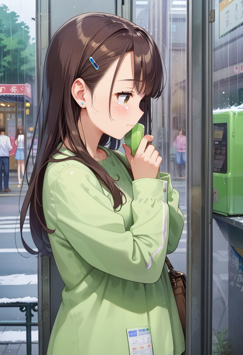 score_9, score_8_up, score_7_up, rating_safe, masterpiece, best quality, absurdres, unity 8k wallpaper, official art, official style, source_anime, uncensored, game cg, megami magazine,
telephone box, 1girl, phone, brown hair, long hair, talking on phone, holding phone, holding, long sleeves, rain, corded phone, profile, tears, upper body
 <lora:DenwaBoxJP_PONY_V1:1>