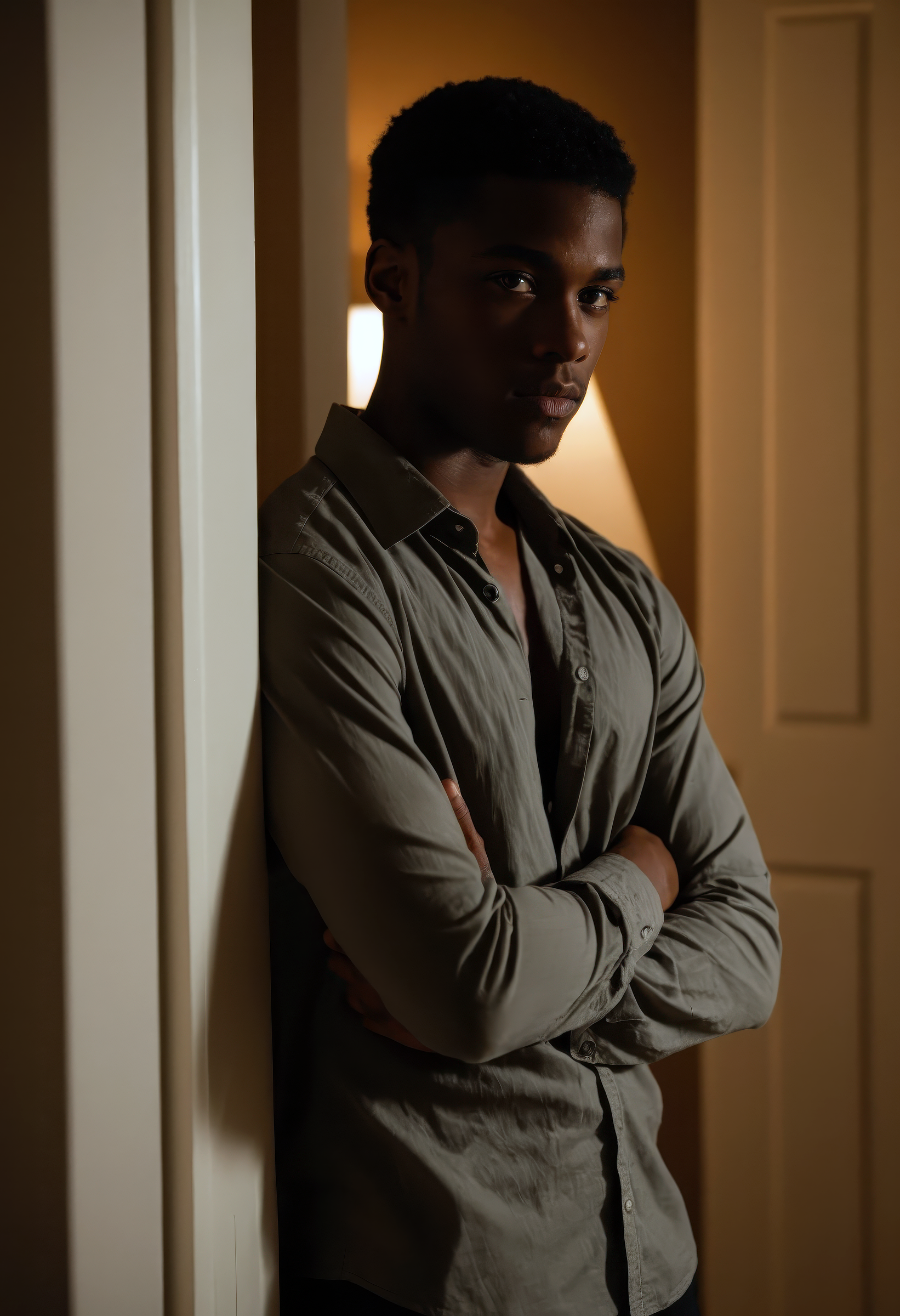 sdxl_tylsm, leaning against a doorframe in low light, shirt unbuttoned, arms crossed, gazing thoughtfully into the room, warm interior lighting, cinematic framing