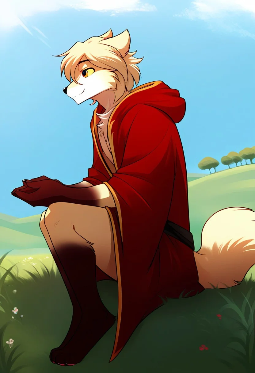 score_9, score_8_up, score_7_up, score_6_up, source_furry, rating_explicit, solo, solo focus, male, 1boy, sitting under a birch tree, birch, in the field, outdoors, The black and red robe, kind expression, kind little smile, Looking into the distance, clovis-twokinds detailed, five fingers, side view, side side, fluffy tail, legs together, cute paws, (((perfect body, perfect hands, perfect legs, perfect eyes, perfect face, perfect fur, perfect anatomy)))