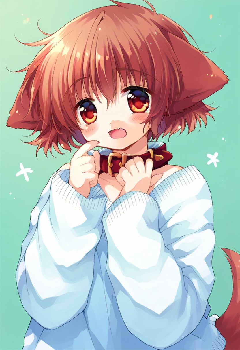 score_9, score_8_up, score_7_up, source_anime, pphinata, 1girl, dog girl, collar, blush, solo, long sleeves, fang, open mouth, sweater