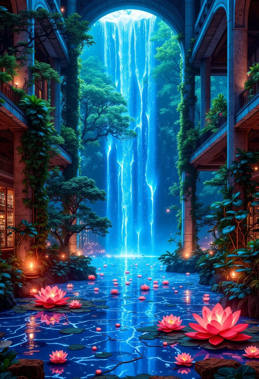 The Bio-Digital Waterfall Atrium
A grand, open-air lounge, centered around a massive waterfall of liquid neon, cascading into a shallow pool where digital lotus flowers drift in soft blues and pinks. Towering marble columns, wrapped in phosphorescent ivy, frame a view of a sprawling, pixelated jungle canopy, gently glowing with the soft light of countless floating fireflies. The floor is a seamless fusion of warm bamboo and shifting holographic grids, syncing to the pulse of the ambient lo-fi synth jazz humming through the air. The scent of damp earth, fresh tea leaves, and sunlit orchids lingers, completing the perfect fusion of organic serenity and cyber-dream mysticism.