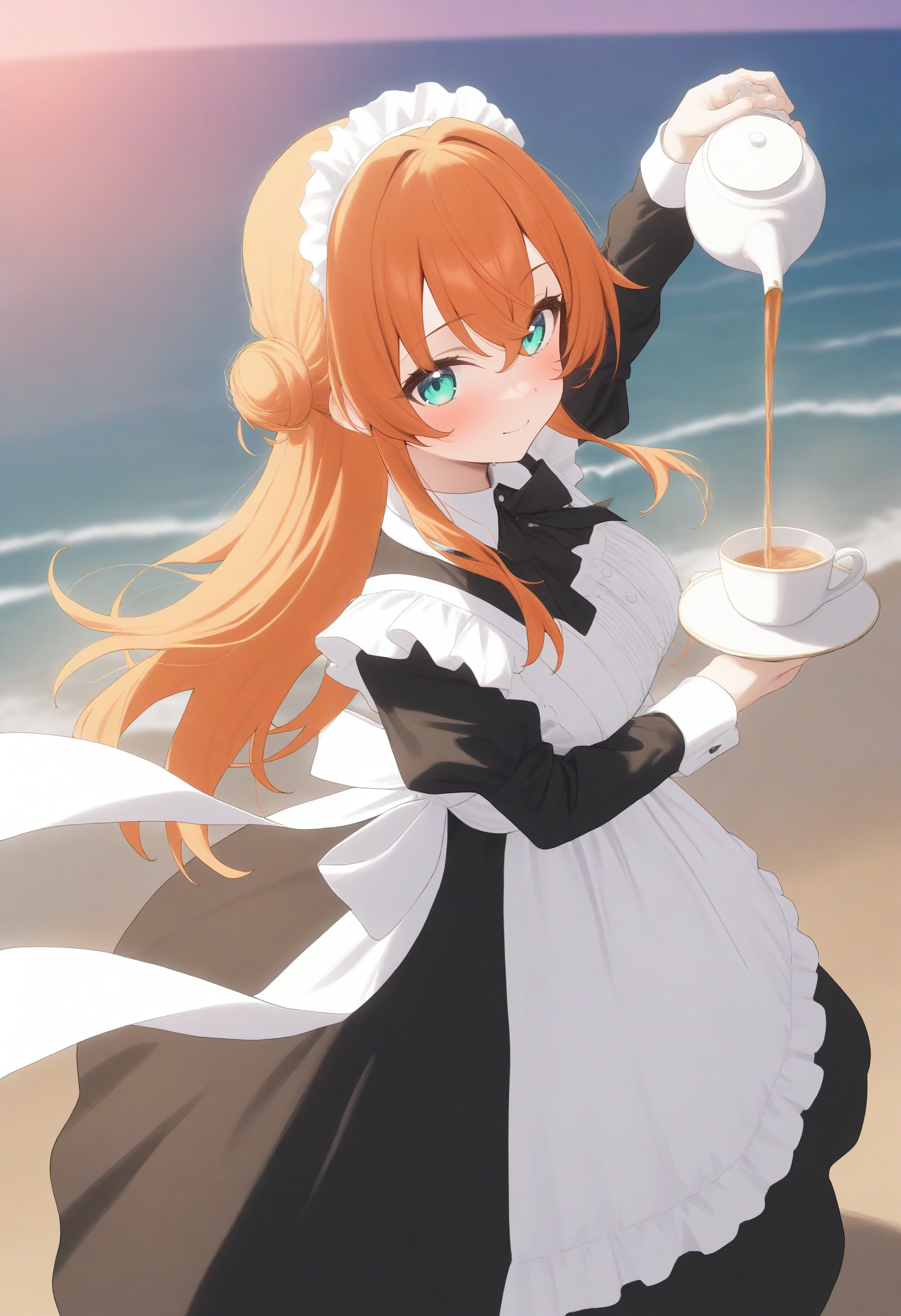 1girl,(sho \(sho lwlw\):0.7),(toosaka asagi:0.5),(sincos:0.3),
masterpiece,best quality, very aesthetic, absurdres,highres,4k,(ultra-detailed:1.4) (illustration:0.5), (ray tracing,:0.8),(anime colored:0.7),(ai-generated:0.5), (anime screencap:1.2),official art,
maid,maid headdress, maid apron,closed eyes, doyagao,
pouring,decantering, holding teapot, holding saucer, tea, standing, arm up,<lora:pouring_XL_v2:0.8>
from above, feet out of frame, looking back, orange hair, aqua eyes, resort beach, closed mouth, shiny hair,,