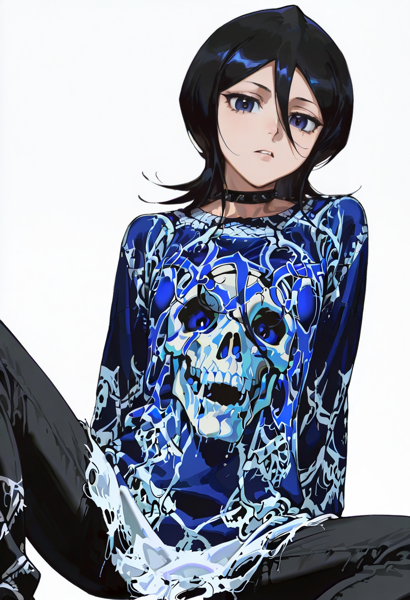 1girl,solo,looking at viewer, echo (circa),esk sweater, skull, print shirt, kuchiki_rukia, sitting,