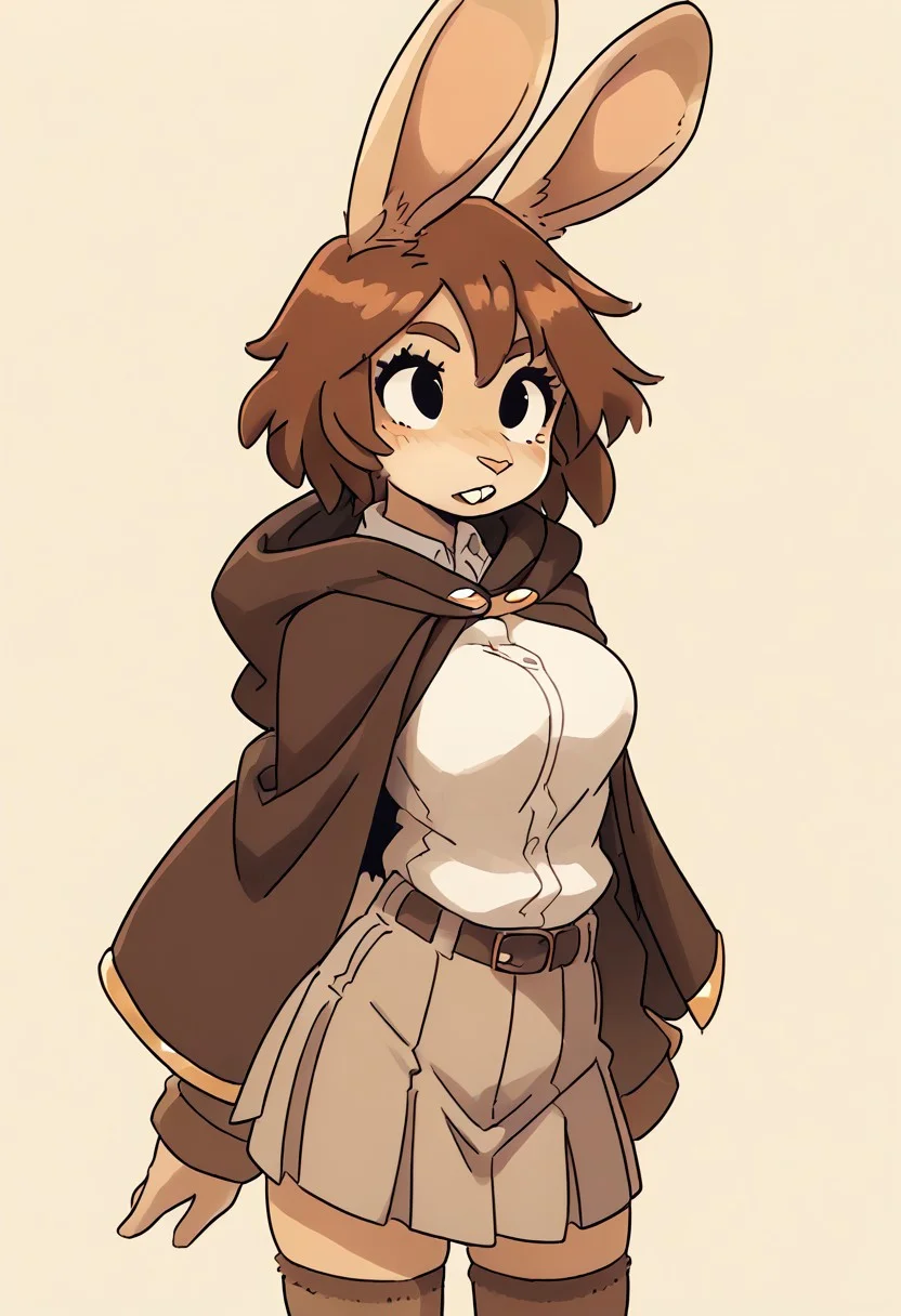 score_9, score_8_up, score_7_up, score_6_up, source_furry, source_anime, (short, diminutive, smol), ((kemonimimi:1.5), (brown ears, brown tail, rabbit ears, rabbit tail), hyper ears, buckteeth, female, small breasts), (poncho, cloak, desert outfit, skirt, long sleeves, thigh socks), cute, adorable, thin, (hair, fluffy hair, short hair, brown hair), (neutral expression), solo, simple background, dynamic pose, looking aside