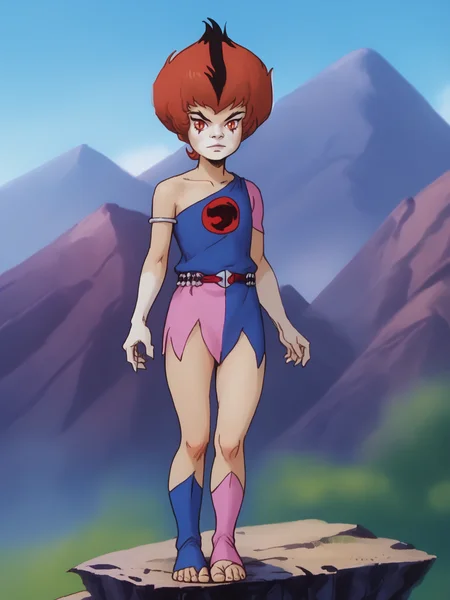 score_9, score_8_up, score_7_up, <lora:10_wilykit_pdxl_16:1> 1girl, solo, w1lyk1t, black striped red hair, red eyes, slit pupils, w1lyk1t tunic, bare shoulder, hips,w1lyk1t open toe footwear, standing, mountains