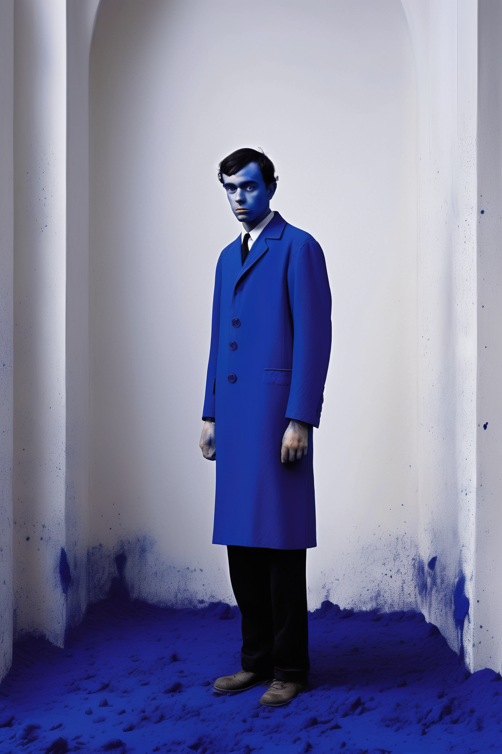 <lora:Yves Klein Style:1>Yves Klein Style - an evocative Yves Klein composition, a short, hunchbacked man with sad eyes becomes the embodiment of melancholic solitude. His dark hair, coupled with a rough complexion, adds to the sense of a life marked by hardship, while his rare smile reveals an underlying sweetness. His gentle nature, combined with an unexpected agility, offers a compelling contrast. The warmth he exudes is palpable, acting as a soothing balm to his melancholic demeanor. The backdrop of a cathedral adds a spiritual depth to the image, further enhancing its emotional resonance.