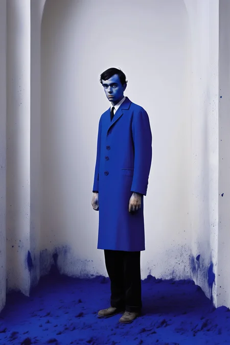 <lora:Yves Klein Style:1>Yves Klein Style - an evocative Yves Klein composition, a short, hunchbacked man with sad eyes becomes the embodiment of melancholic solitude. His dark hair, coupled with a rough complexion, adds to the sense of a life marked by hardship, while his rare smile reveals an underlying sweetness. His gentle nature, combined with an unexpected agility, offers a compelling contrast. The warmth he exudes is palpable, acting as a soothing balm to his melancholic demeanor. The backdrop of a cathedral adds a spiritual depth to the image, further enhancing its emotional resonance.