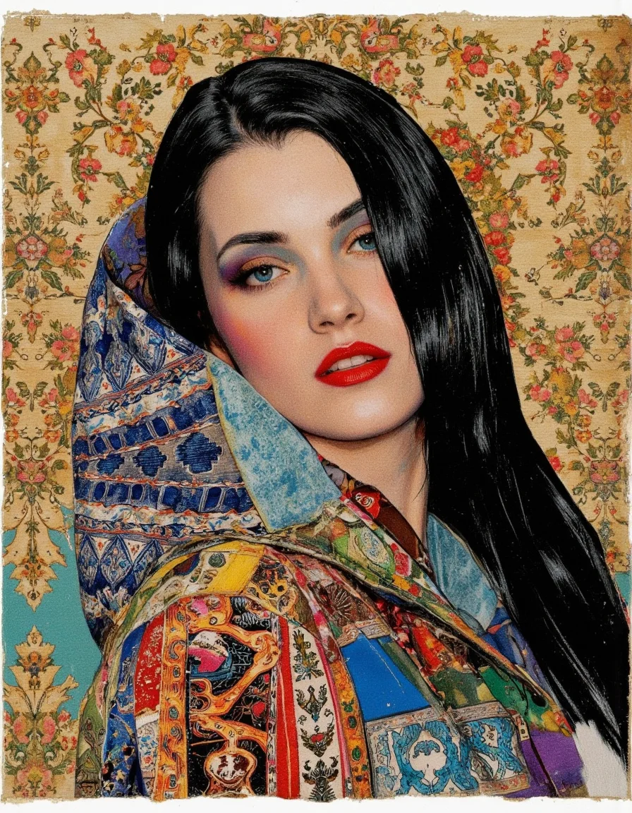 By Joshua Burbank. A portrait of a woman, framed in a collage style, with a focus on vibrant colors and textures. the woman, who appears to be in her mid-twenties, has long, straight black hair that falls down her back. she is wearing a colorful, patterned jacket with a hood that covers her face, and her eyes are a striking blue. her lips are painted a deep red, and she has a sultry expression. the background is a textured, vintage rug with a floral pattern, adding to the overall aesthetic of the image. the overall effect is one of bold, vibrant colors, creating a striking contrast with the woman's face.