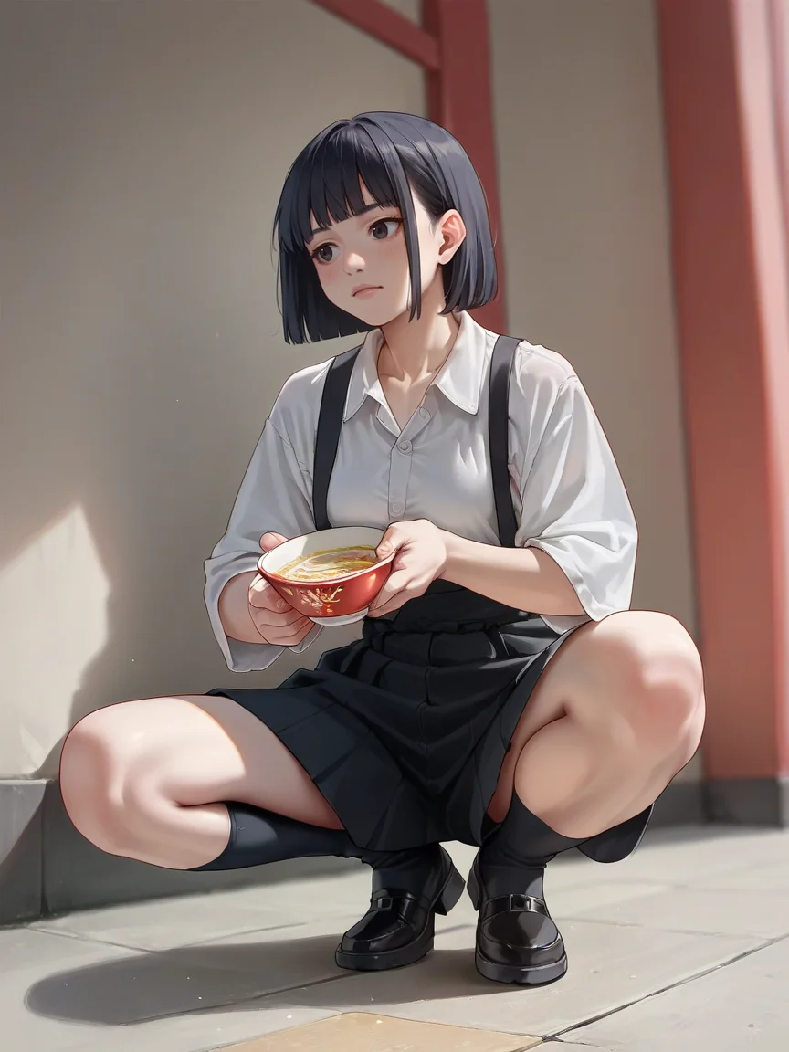 score_9, score_8_up, score_7_up, score_6_up, score_5_up, <lora:n1nj4squatXLP:0.8> n1nj4 squat, solo, 1girl, source_anime, holding cup ramen,